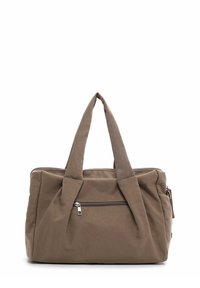 Brown soft fabric handbag with two padded handles, front zippered pocket, and top zipper closure on a white background.