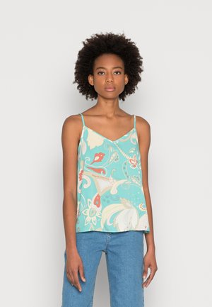 Camisola de cor aqua com alças finas, apresentando um padrão floral em espiral nas cores creme, vermelho e verde. Tecido leve, corte solto.