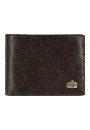 Brown leather wallet featuring a textured finish, bi-fold design, and a gold emblem in the bottom corner for branding.