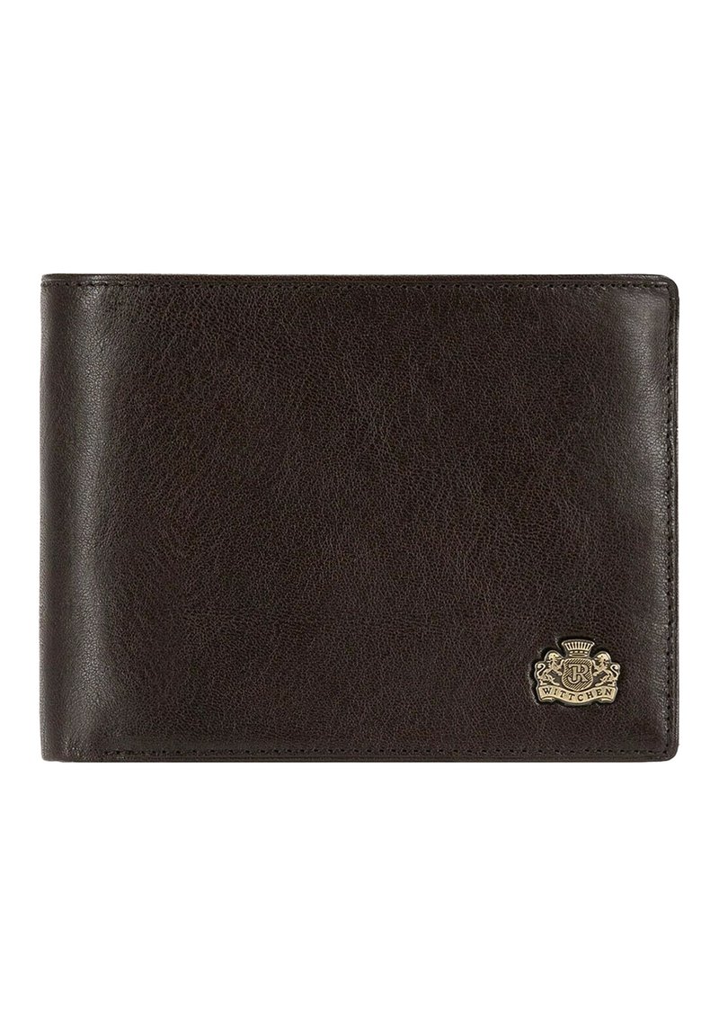 Portefeuille en cuir marron avec une finition texturée, au design bi-fold, et un emblème doré dans le coin inférieur pour le branding.