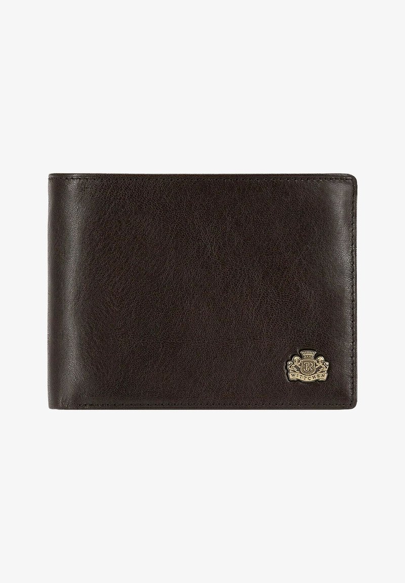 Brown leather wallet featuring a textured finish, bi-fold design, and a gold emblem in the bottom corner for branding.
