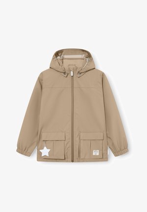 Chaqueta ligera beige con capucha, cremallera frontal, dos grandes bolsillos y un acento en forma de estrella blanca en el bolsillo izquierdo.