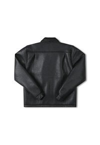 Black leather jacket with a classic collar, long sleeves, and ribbed cuffs. Smooth texture and minimalist design, no visible hardware.
