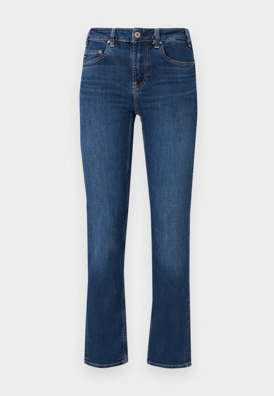 Jeans de mezclilla azul oscuro con un diseño de pierna recta, costura en los bolsillos delanteros, cierre de botón y cremallera, y un desgaste mínimo.