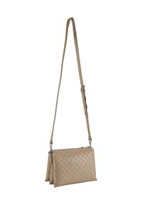 Borsa a tracolla beige realizzata in pelle testurizzata con un motivo intrecciato, dotata di una tracolla staccabile e accessori in metallo argentato per la chiusura.