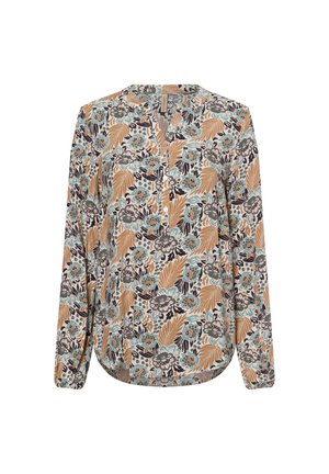 Long-sleeve blouse featuring a floral pattern in blue, beige, and black on a cream background, with a v-neck and button detail at the front.