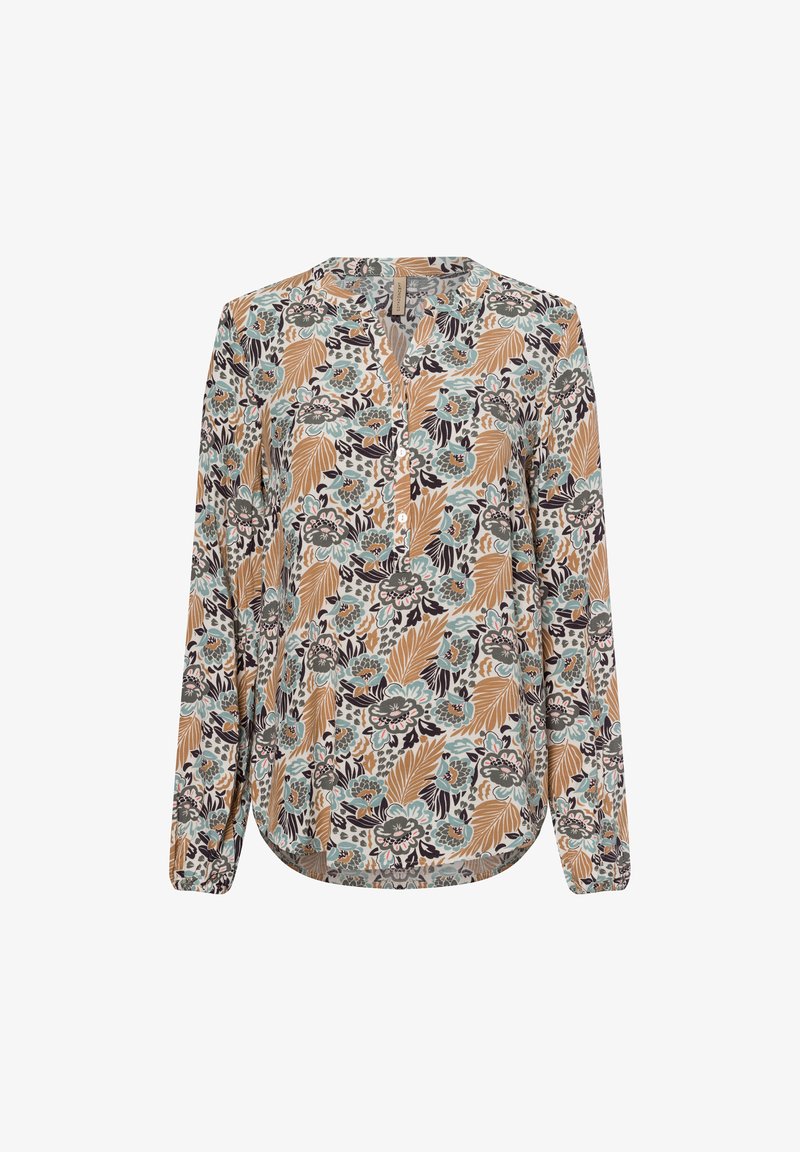 Blusa a maniche lunghe con motivo floreale in blu, beige e nero su fondo crema, con scollatura a V e dettaglio dei bottoni sul davanti.