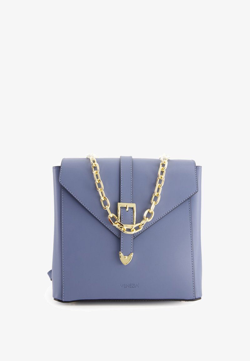 Light blue leather handbag with a structured design, gold chain strap, and buckle detail. Features a flap closure and embossed logo.