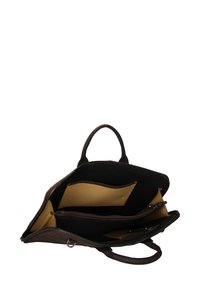 Borsa strutturata in pelle marrone con doppie cerniere, molteplici tasche interne e manici corti. L'interno presenta una fodera beige.