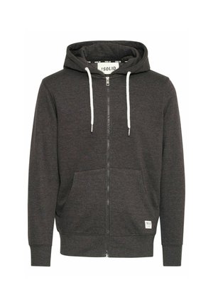 Grå lynlås hoodie lavet af blød stof, med en foret hætte, hvide snore, forlommer og strukturerede syninger.