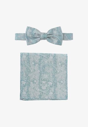 Türkisfarbene Fliege und Einstecktuch Set aus strukturiertem Stoff mit floralem Paisleymuster in Silber und Weiß.