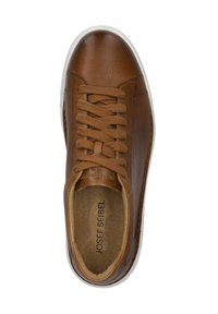 Brown leather sneaker with round toe, textured surface, and brown laces. White rubber sole with subtle stitching. Interior features logo.