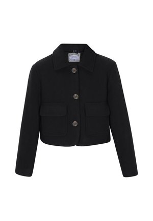 Zwart cropped jack gemaakt van een wolmix. Bevat een kraag, vier voorkanten zakken en een knoopsluiting met metallic accenten.