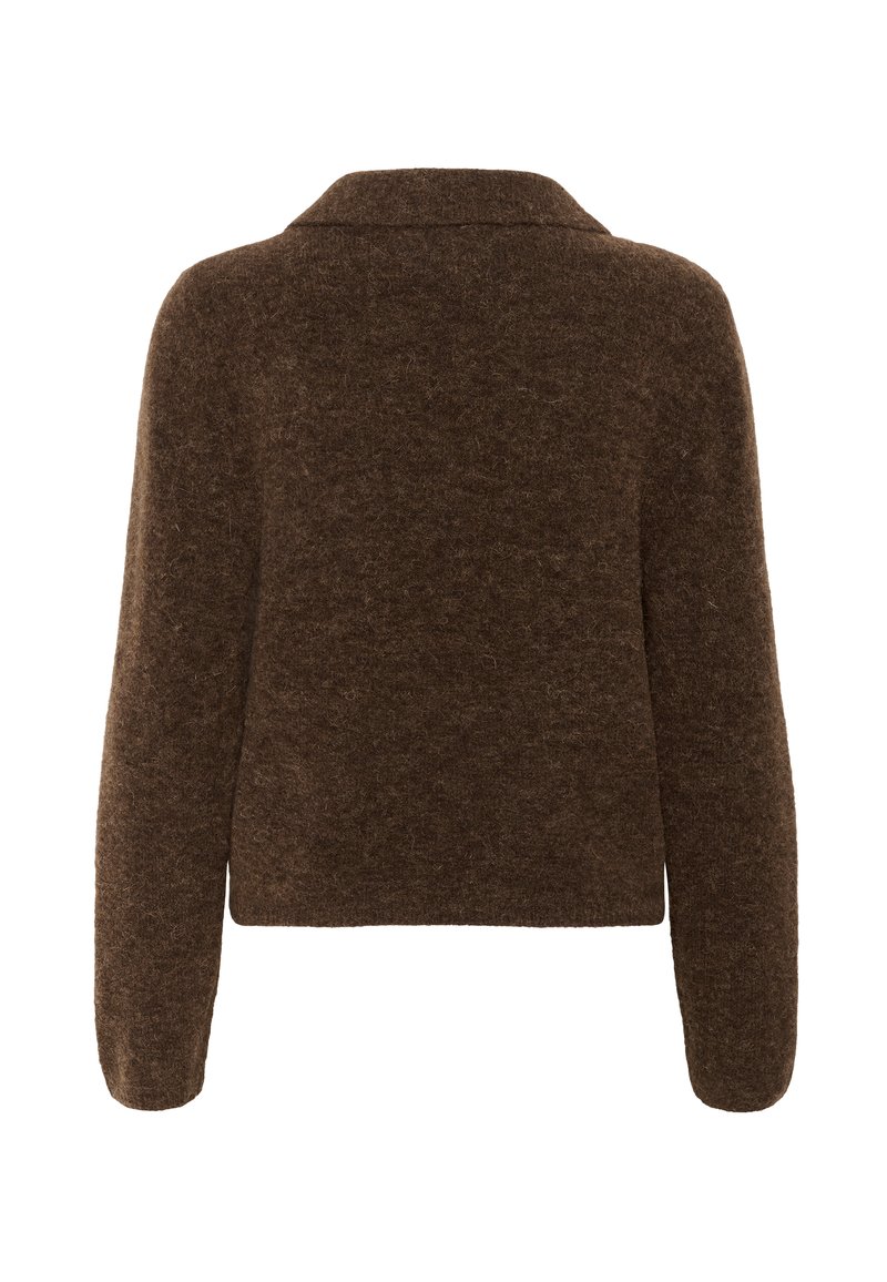 Brown woolen sweater with a collared neckline, long sleeves, and a soft, textured finish. Back view shows a cropped design.