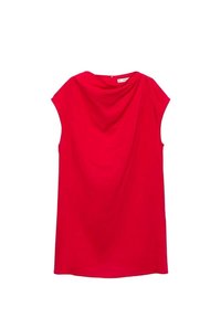 Rotes Kleid mit rundem Ausschnitt und kurzen Ärmeln. Aus weichem Stoff mit drapierten Details am Rücken. Einfaches, schmuckloses Design.