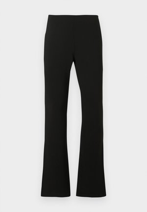 Schwarze Schlaghose aus Stretchstoff mit glatter Textur und hohem Bund. Einfaches Design ohne sichtbare Muster oder Akzente.