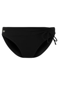 Bas de bikini noir avec un design sans couture, lien ajustable sur un côté, texture lisse et accent logo métallique.