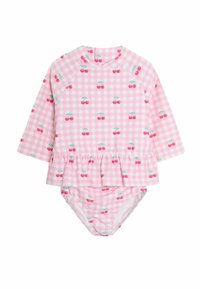 Rosa Gingham Langarm-Badeanzug mit Kirschmuster, ausgestattet mit einem Peplum-Taille und passendem Unterteil. Weicher Stoff, verspielt im Design.