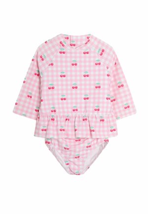 Růžový kostičkovaný plavky s dlouhým rukávem a potiskem třešní, s peplum pasem a odpovídajícími kalhotkami. Hladká látka, hravý design.
