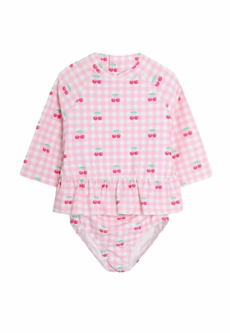 Rosa Gingham Langarm-Badeanzug mit Kirschmuster, ausgestattet mit einem Peplum-Taille und passendem Unterteil. Weicher Stoff, verspielt im Design.