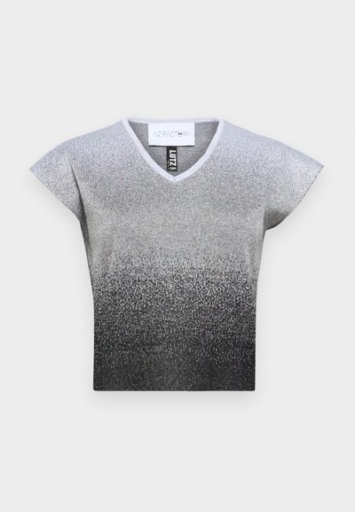 V-neck, short-sleeve top with a gradient from silver to black. Made of textured fabric with a shimmering finish. Tag visible inside.
