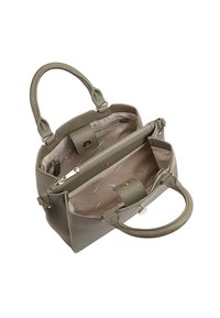 Sac à main en cuir vert olive avec deux poignées courtes, poche zippée et intérieur doublé de tissu présentant un motif logo subtil.