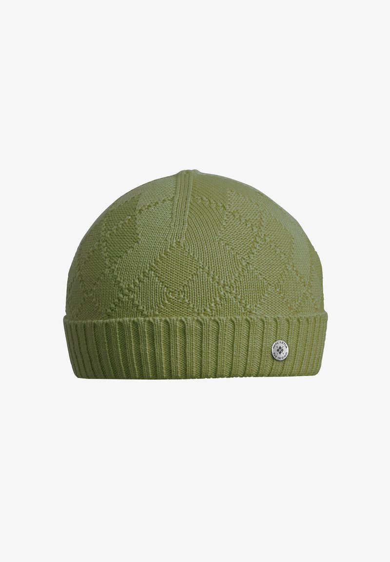 Zielona dzianinowa czapka z teksturowanym wzorem diamentowym, prążkowanym mankietem oraz małą okrągłą metką z logo z boku.
