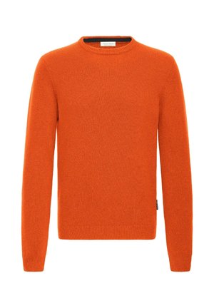 Orange knit sweater with a crew neck, long sleeves, and a soft texture. Features a minimal design, no patterns, and a small brand tag at the hem.