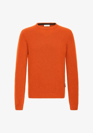 Orange knit sweater with a crew neck, long sleeves, and a soft texture. Features a minimal design, no patterns, and a small brand tag at the hem.