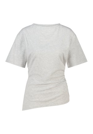 Lichtgrijs T-shirt met korte mouwen, ronde hals en gerimpelde details aan één zijde bij de taille.