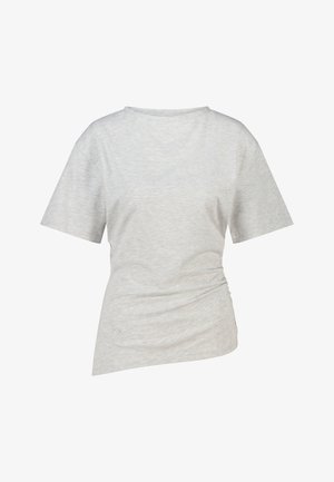 Lichtgrijs T-shirt met korte mouwen, ronde hals en gerimpelde details aan één zijde bij de taille.