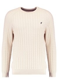 Suéter crema de punto trenzado con mangas largas y escote redondo. Presenta puños y dobladillo acanalados, con un pequeño logo bordado en el pecho.