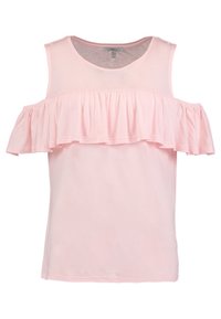 Różowy bezrękawnik z okrągłym dekoltem i falbaną na klatce piersiowej. Wykonany z miękkiego, lekkiego materiału. Brak widocznych ozdób.