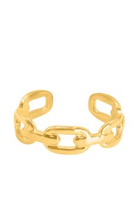 Bague ton or présentant un design en maillons de chaîne avec des formes rectangulaires ouvertes, finition lisse et bords arrondis, créant un look audacieux.