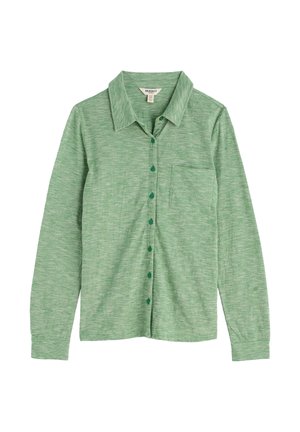 Žalia ilgomis rankovėmis marškiniai su atvartais ir vienu krūtinės kišeniu, pagaminti iš minkštos, lengvos medžiagos su subtilia margumo tekstūra.