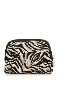 Pochette de maquillage à motif zèbre, avec une texture tissée, en couleurs beige et noir, de forme ronde et fermée par une fermeture éclair avec une quincaillerie en argent.