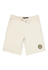 Pantalones cortos de mezcla de algodón en color beige con cintura elástica, cordón, bolsillos laterales y un parche con el logo en la pierna izquierda. Textura suave, diseño casual.