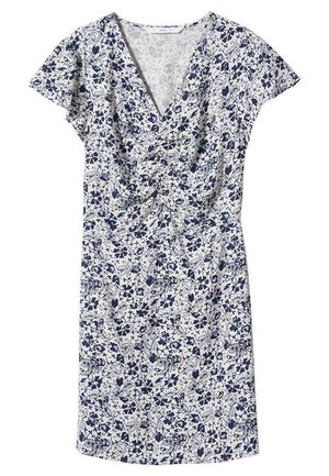 Vestido blanco con estampado floral azul marino, mangas cortas, escote en V y detalle fruncido en la cintura.
