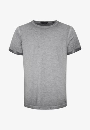 Szary t-shirt z krótkim rękawem wykonany z miękkiego materiału, z okrągłym dekoltem i kontrastowymi ciemnoszarymi wykończeniami przy rękawach i u dołu.