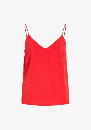 Haut caraco rouge sans manches avec fines bretelles et encolure en V sur fond blanc.