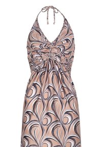 Robe sans manches à col halter avec motif tourbillon beige, noir et blanc et détail froncé au niveau de la poitrine et de la taille.