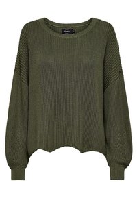 Pull oversize en tricot vert olive avec un large décolleté, épaules tombantes et poignets côtelés. Tissu texturé avec une coupe courte décontractée.