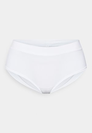 Mutandine bianche a vita alta realizzate in tessuto morbido e elasticizzato, con un ampio elastico in vita e design senza cuciture. Nessun motivo visibile o parti in metallo.