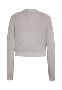 Maglione corto in grigio chiaro, realizzato in materiale a maglia texturizzato con una leggera lucentezza. Presenta maniche lunghe e scollo rotondo.