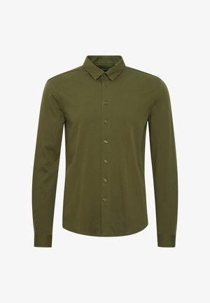 Olijfgroene lange mouwen shirt met een button-down kraag en een volledige knoopsluiting aan de voorkant; gemaakt van gladde stof, met een getailleerd ontwerp.