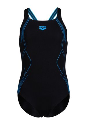 Costume intero nero con accenti blu, caratterizzato da un design a incrocio sulla schiena e linee strutturate per un aspetto sportivo. Realizzato in materiale adatto al nuoto.