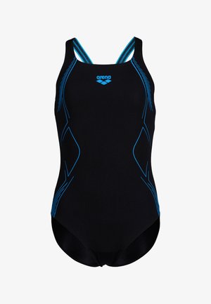 Czarny jednoczęściowy kostium kąpielowy z niebieskimi akcentami, z tyłem w stylu racerback i teksturowanymi liniami dla sportowego wyglądu. Wykonany z materiału odpowiedniego do pływania.