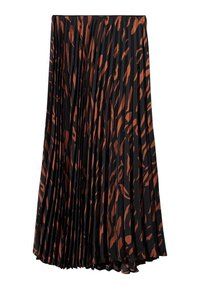 Falda plisada negra con patrones irregulares en tonos naranja y marrón. Cintura elástica en la parte superior, diseño fluido y tejido ligero.