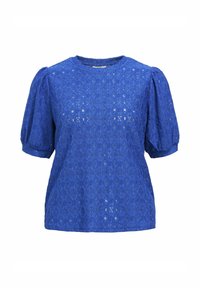 Blauwe kant top met korte puff-mouwen, ronde halslijn en gestructureerd ruitpatroon. Gemaakt van lichte, ademende stof.