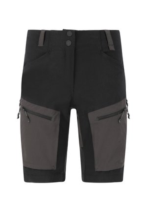 Sorte og grå cargo shorts med to frontlommer og to sidelommer med lynlås, der har en kombination af glat og tekstureret stof.